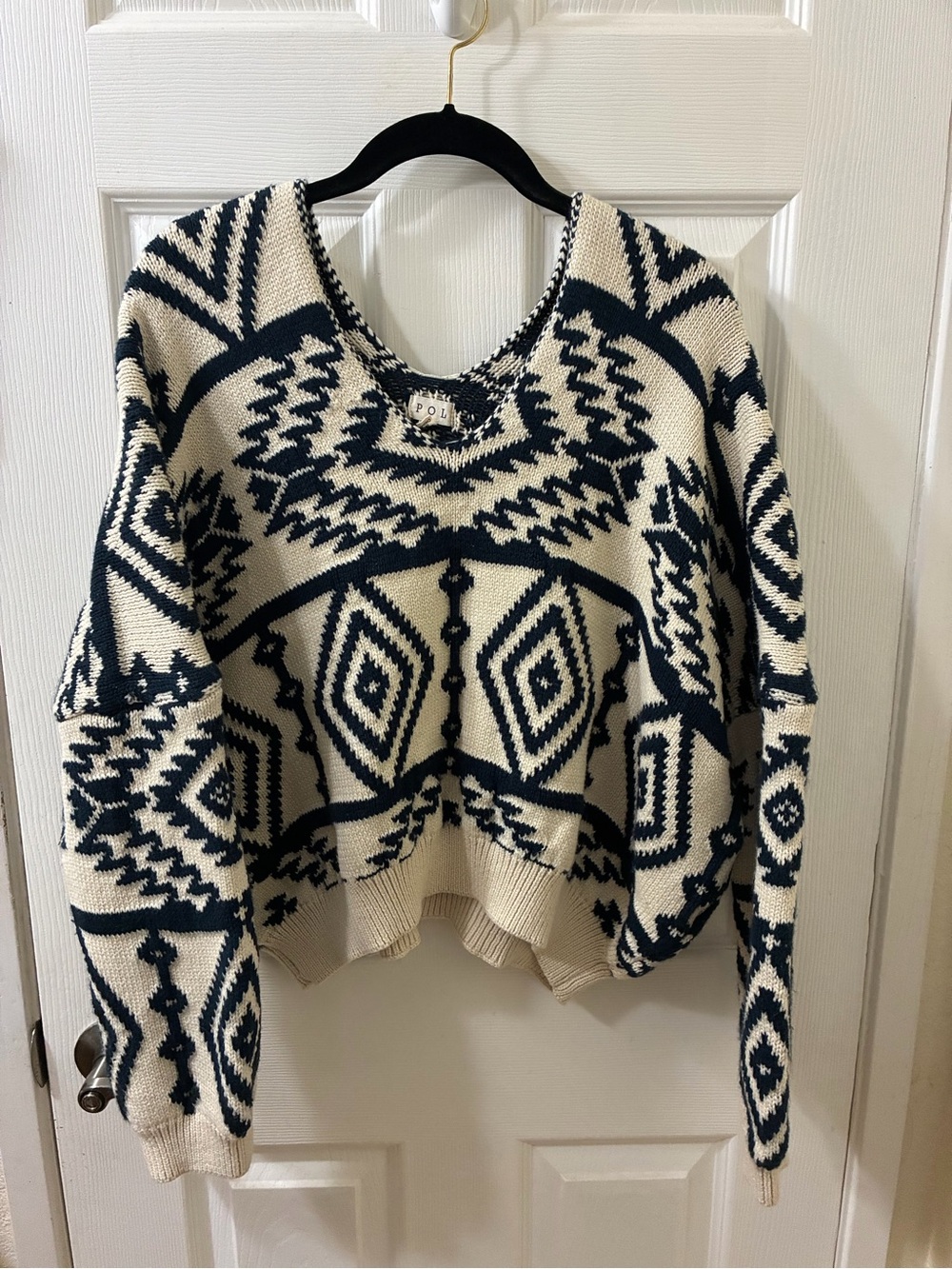 POL Cream and Navy Geometric Knit Sweater